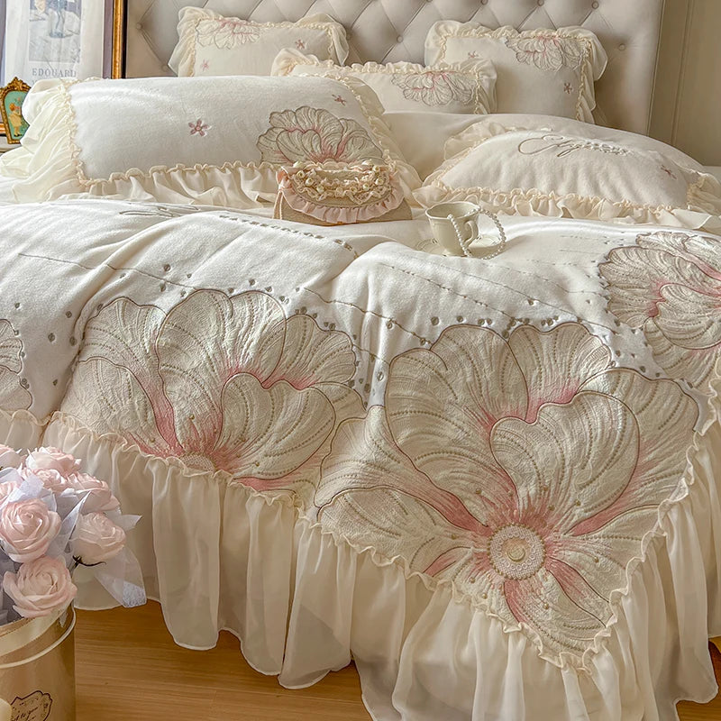 DecorBites™ French Princess Wedding Bedding Set, Lace Ruffles, Flowers Embroidery.