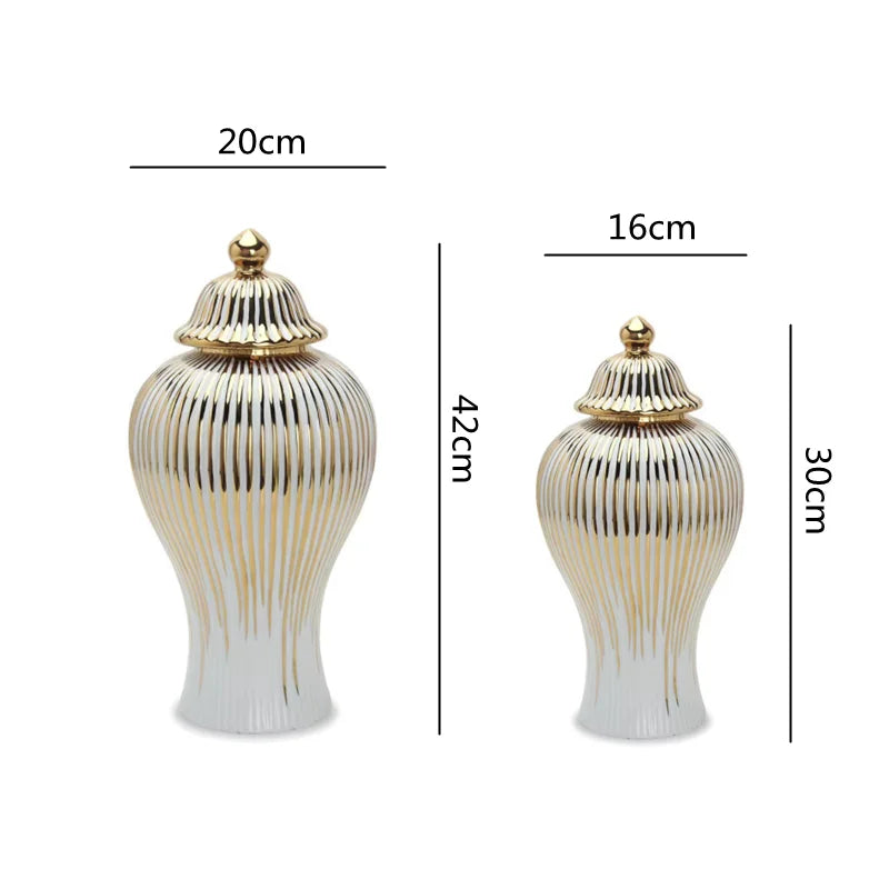 DecorBites™ Gold Striped Ceramic Jar Vase Hand-made Porcelain Home Decor Storage
