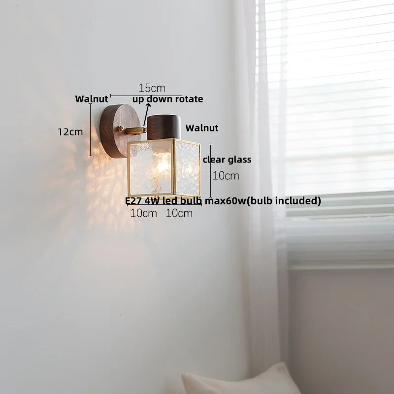 DecorBites™ Clear Glass LED Wall Sconce Walnut Wood Bedroom Living Room Modern Fixture
