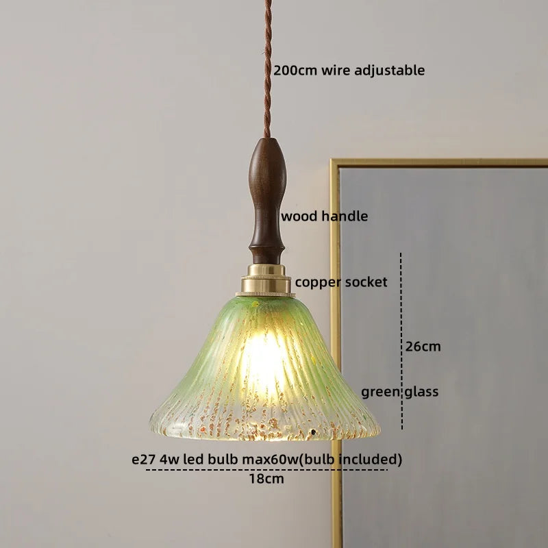 مصباح معلق LED من الزجاج الأخضر DecorBites™ بمفتاح مقبض، ثريا نحاسية