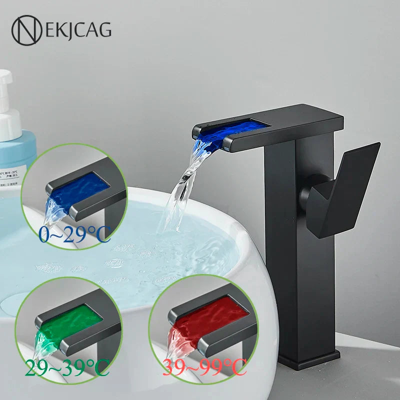 DecorBites™ LED Waterfall Basin Faucet: Black Mixer Tap with Light, Deck Mount Kitchen Sink