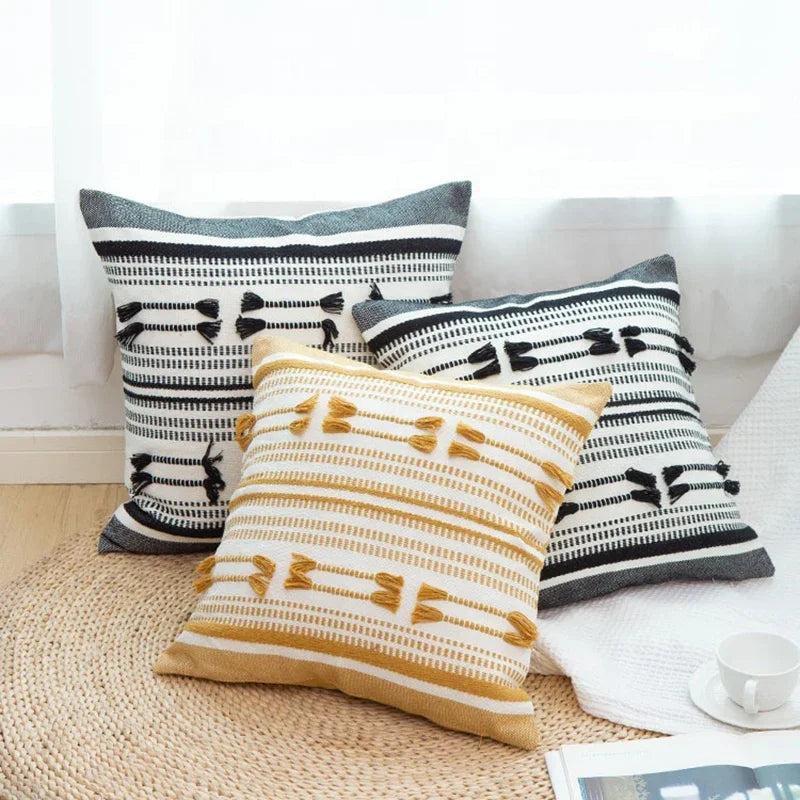DecorBites™ Geometric Tassels Cushion Cover - Yellow & Black Woven Home Decor Pillow