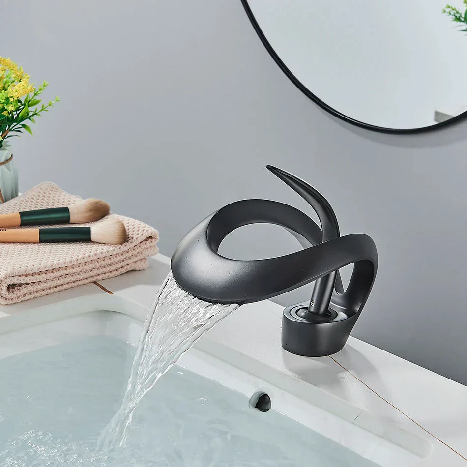 DecorBites™ Black Brass Waterfall Basin Faucet, Single Handle Deck Mount Vanity Tap