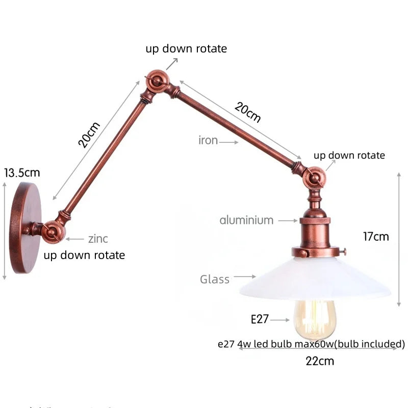 DecorBites™ Adjustable Glass Swing Arm LED Wall Sconce with Pull Chain Switch