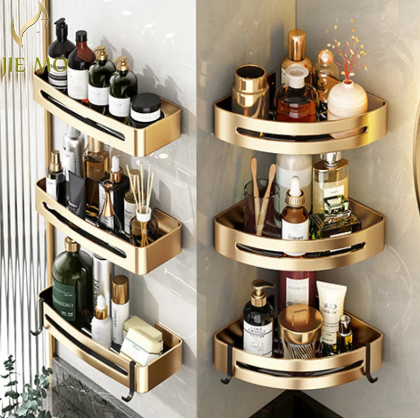 DecorBites™ رف زاوية ذهبي للحمام: رف تخزين مثلث مثبت على الحائط لأدوات الزينة