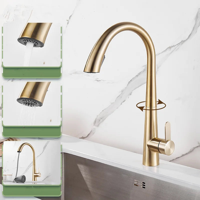 DecorBites™ Black Brushed Gold Kitchen Faucet with Pull Out Spring Spout