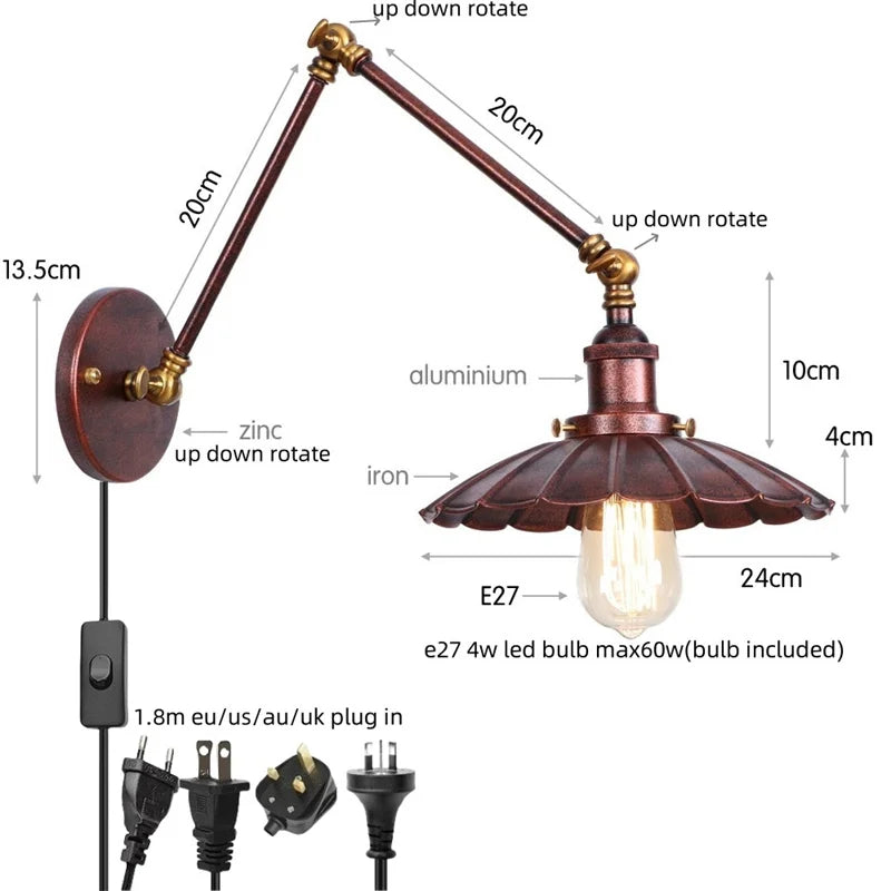 مصباح حائط DecorBites™ Gold Industrial LED مع مفتاح سحب بسلسلة لديكور المنزل