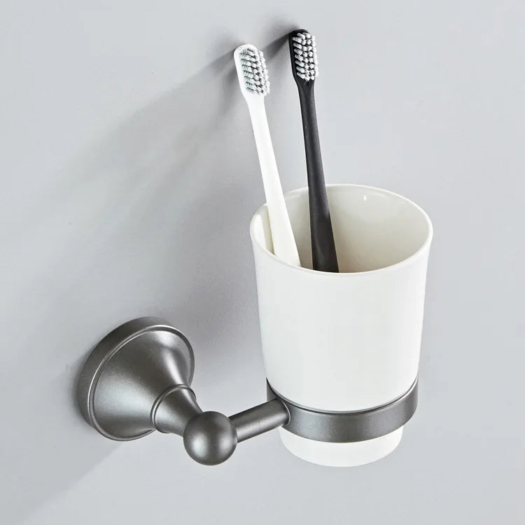 DecorBites™ Gray Bathroom Accessories Set: Towel Rack, Toilet Brush Holder, Shelf, Soap Dish