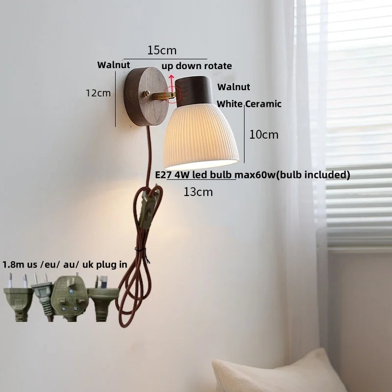 DecorBites™ LED Wall Light Fixture Modern Nordic Rotating Reading Lamp White Ceramic Wood