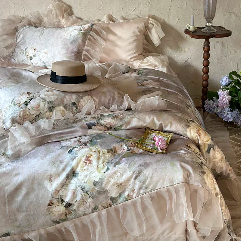 DecorBites™ French Flowers Lace Ruffles Bedding Set with Silky Soft Lyocell Cotton