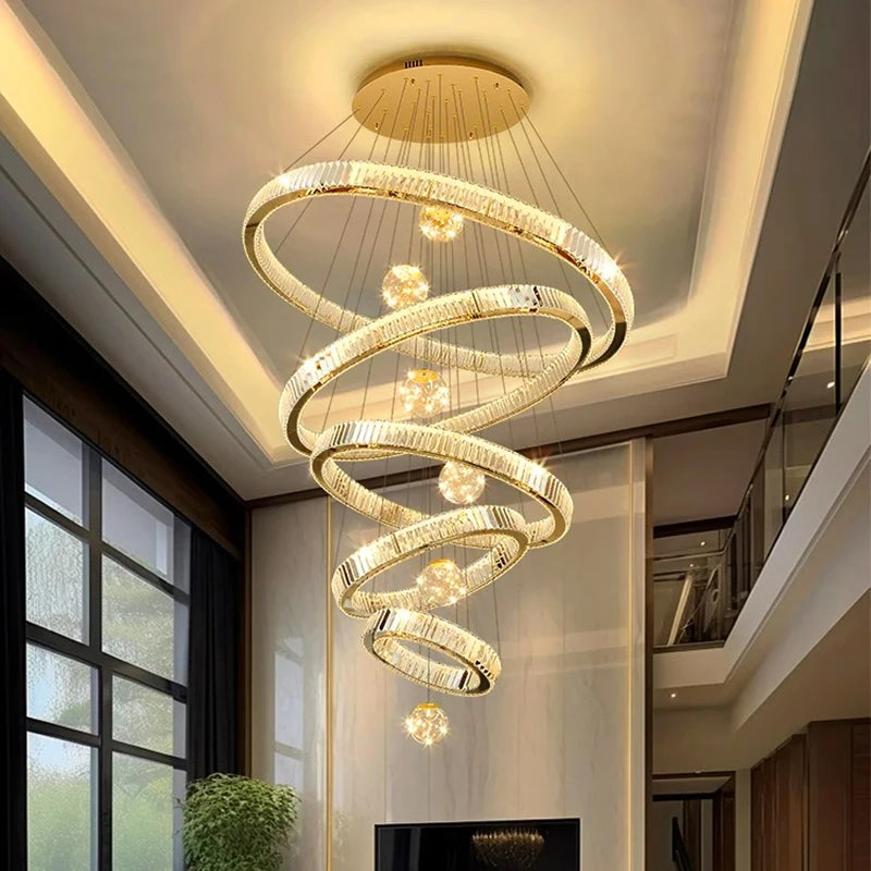 Modern Crystal Ring Staircase Chandelier Pendant Light