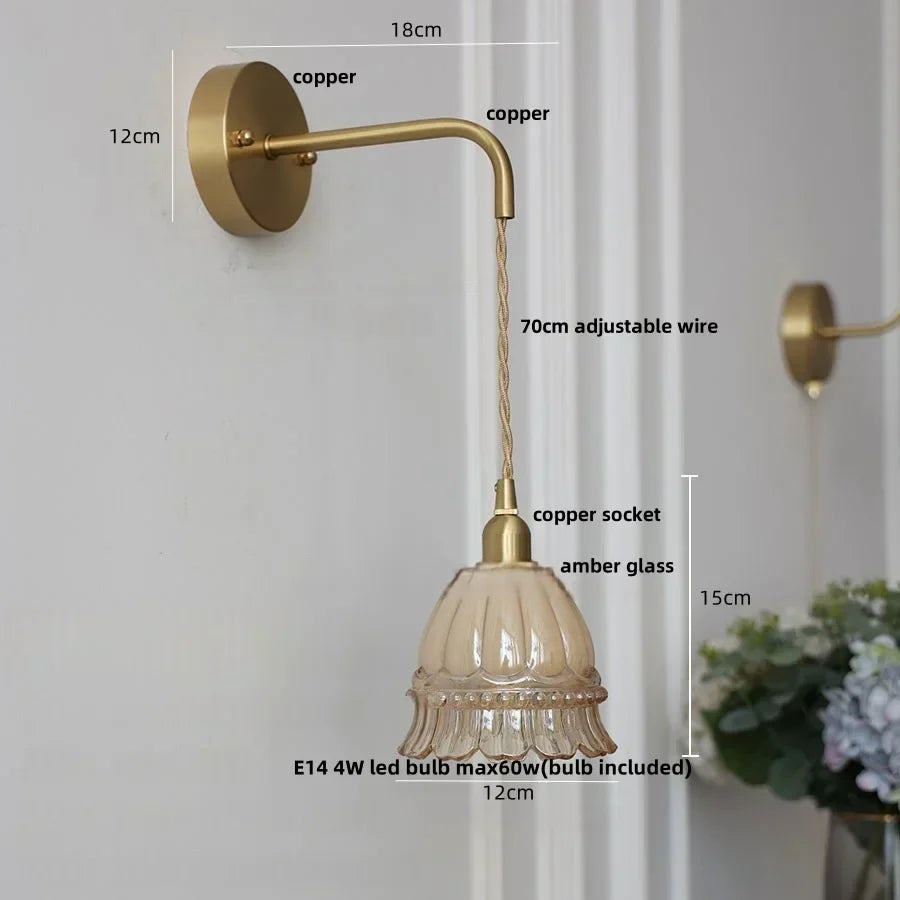DecorBites™ Amber Glass LED Wall Light with Pull Chain Switch, Modern Nordic Flower Wall Sconce