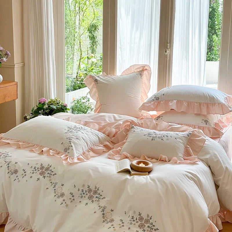 DecorBites™ Korean Princess Lace Ruffles Flowers Embroidery Bedding Set with 100% Cotton Quality.