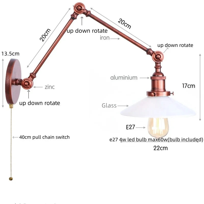 DecorBites™ Adjustable Glass Swing Arm LED Wall Sconce with Pull Chain Switch