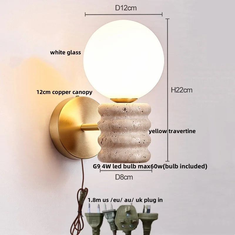 DecorBites™ LED Wall Light Fixture Travertine Stone Wood Canopy Bedside Lamp