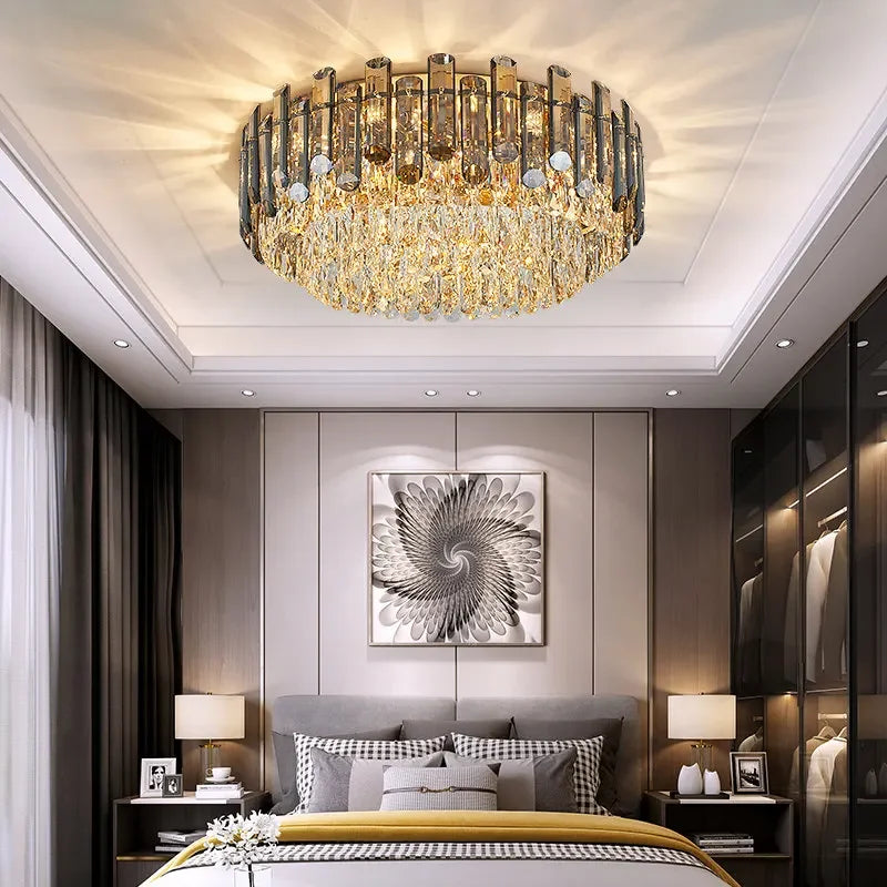 DecorBites™ Lustre en cristal doré pour salon, luminaire de luxe