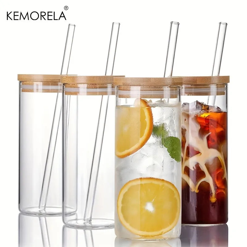 DecorBites™ 4-Piece Set Clear Glass Tumbler Cups with Bamboo Lids and Straws - 600ML