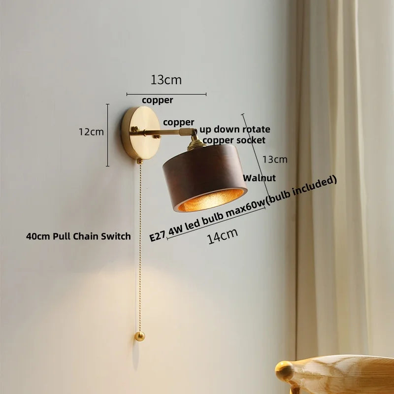 DecorBites™ LED Walnut Wood Wall Lamp Pull Chain Switch Modern Indoor Light