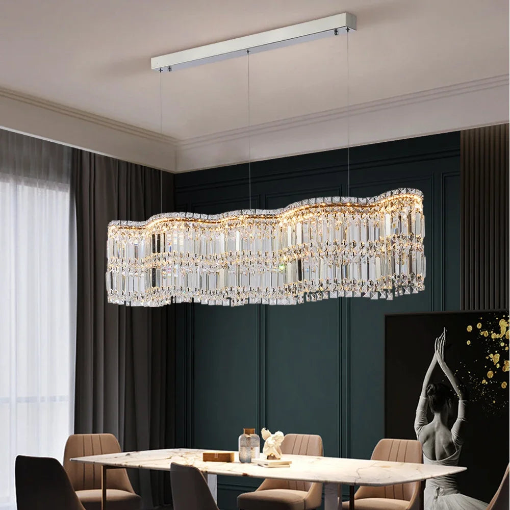 Modern Linear Crystal Pendant Light In Brushed Stainless