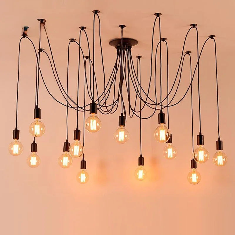 Black Industrial Spider Pendant Light, 6-Light Iron