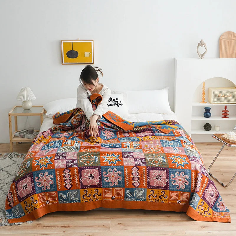 DecorBites™ Birds Plaid Cotton Gauze Blanket Bedspread Set with 2 Pillow Towels
