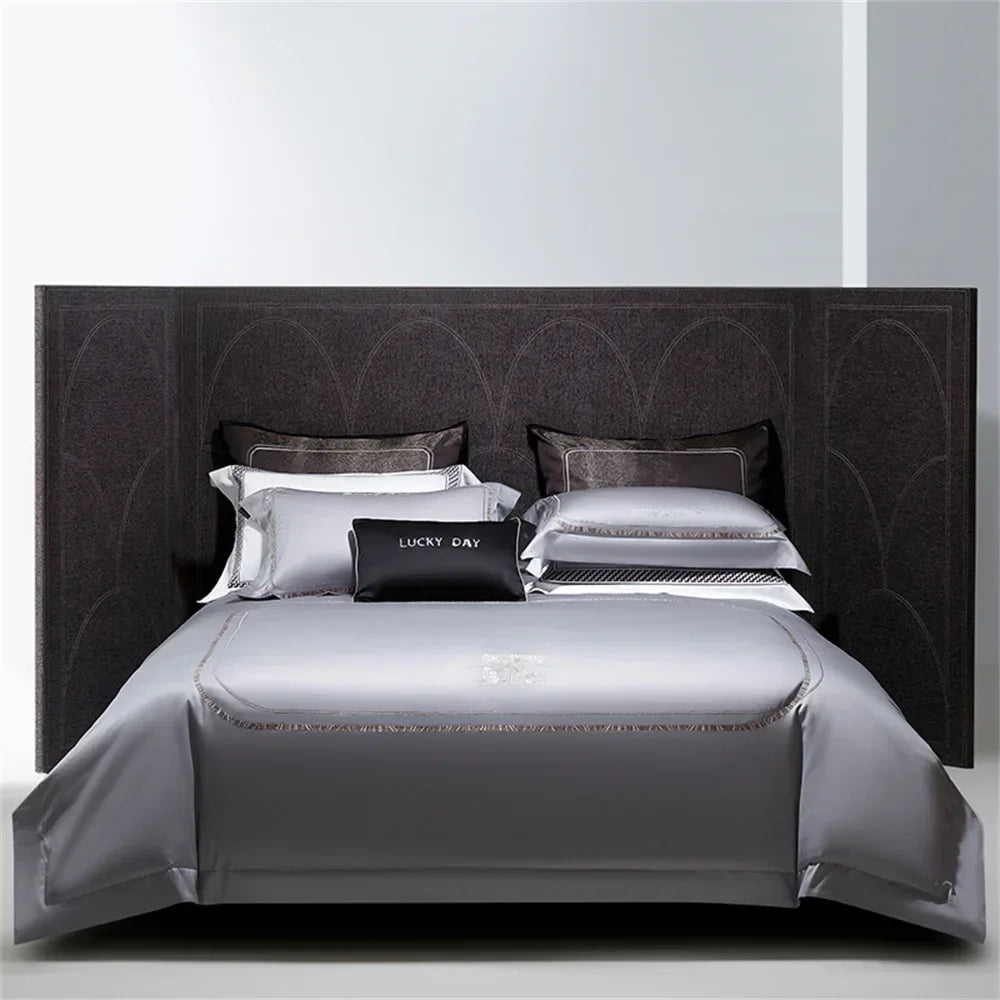 DecorBites™ Cotton Satin Jacquard Embroidery Bedding Set with Elastic Sheet & Duvet Cover