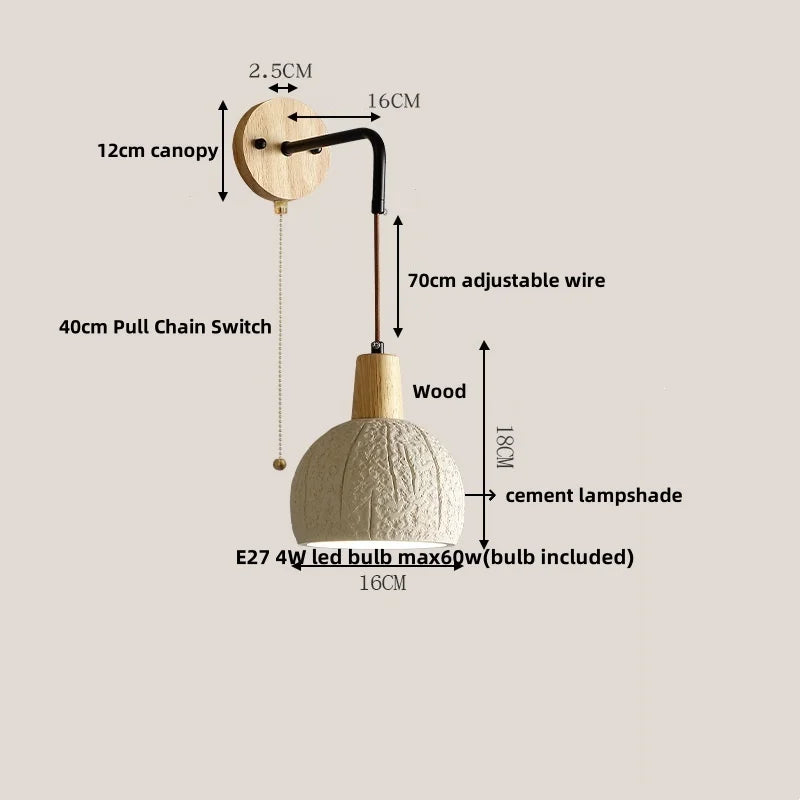 DecorBites™ Adjustable Wall Lights Pull Chain Switch Wood Socket Cement Modern Bedside Lamp