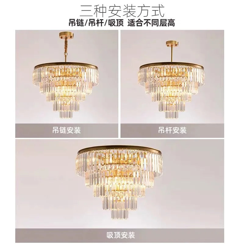 مصباح سقف كريستالي ذهبي LED من DecorBites™ لغرفة المعيشة العصرية، ديكور منزلي فاخر