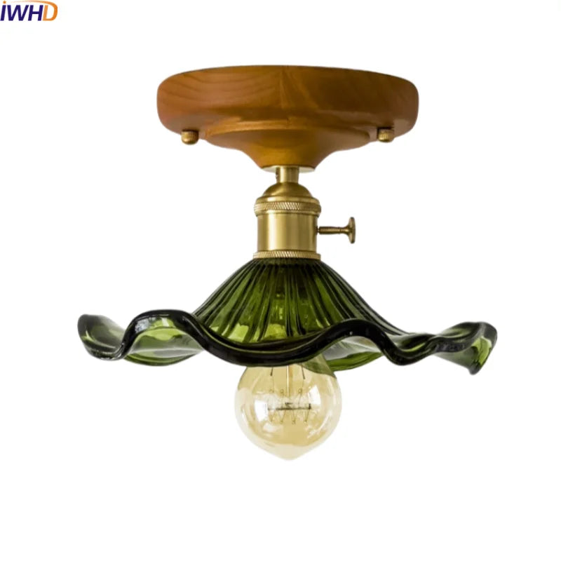 DecorBites™ مصباح سقف LED زجاجي أخضر، مصابيح سقف اسكندنافية من الخشب والنحاس