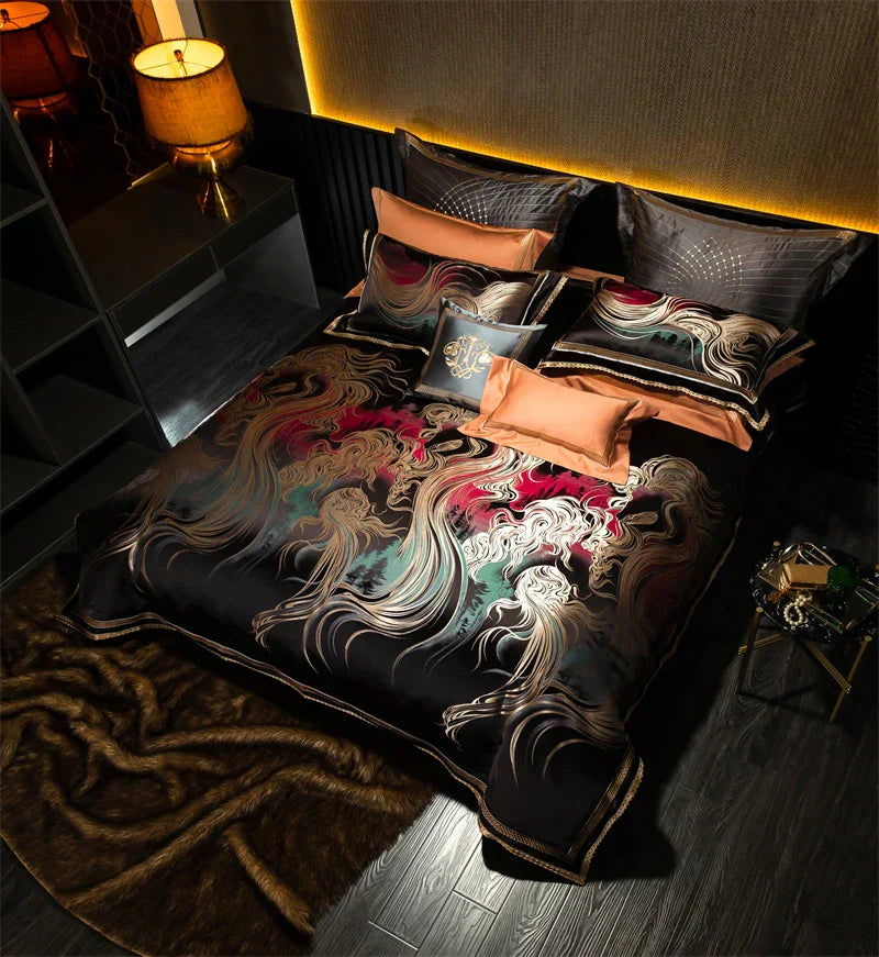 DecorBites™ Embroidered Brocade Egyptian Cotton Duvet Cover Set, Black Gold