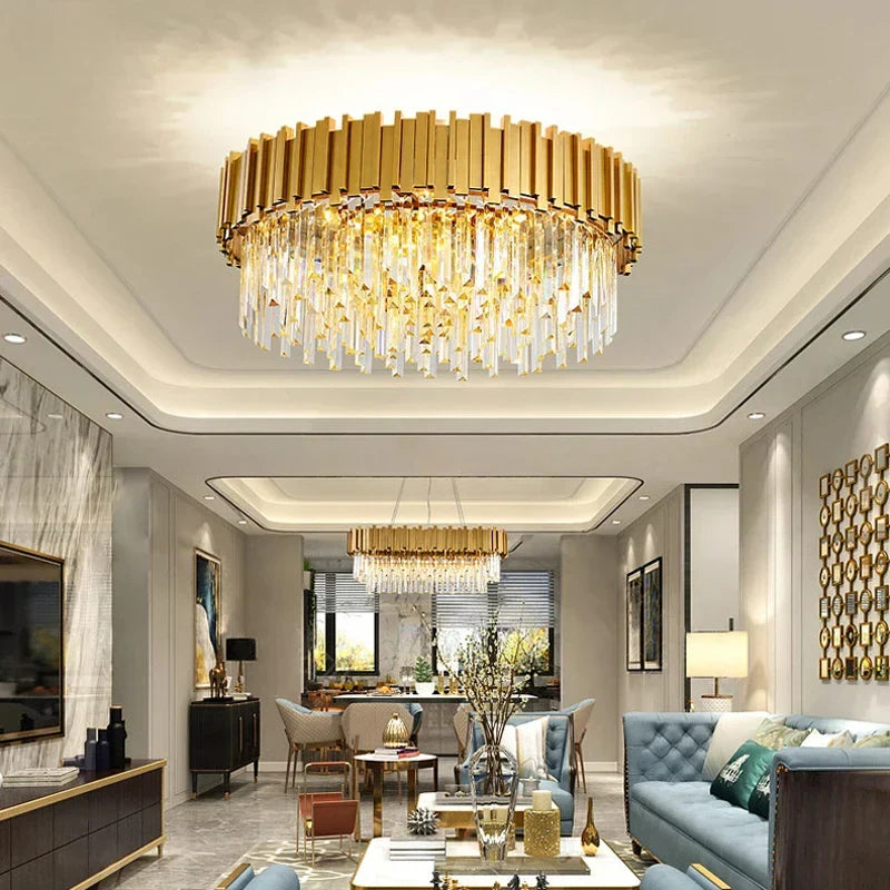 DecorBites™ ثريا كريستال ذهبية بتقنية LED للسقف لغرفة المعيشة والردهة