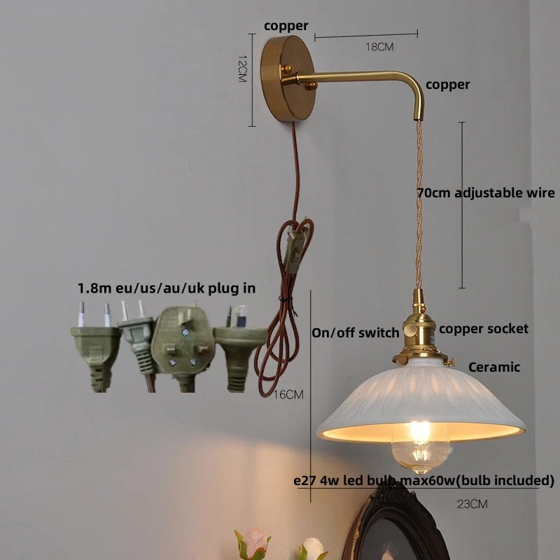 DecorBites™ Ceramic Brass LED Wall Light Fixture Pull Chain Switch Bedside Sconce