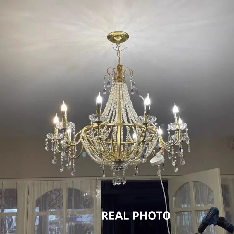 DecorBites™ ثريا ذهبية كريستالية لؤلؤية بمصابيح LED متدلية لإضاءة فاخرة لغرفة المعيشة