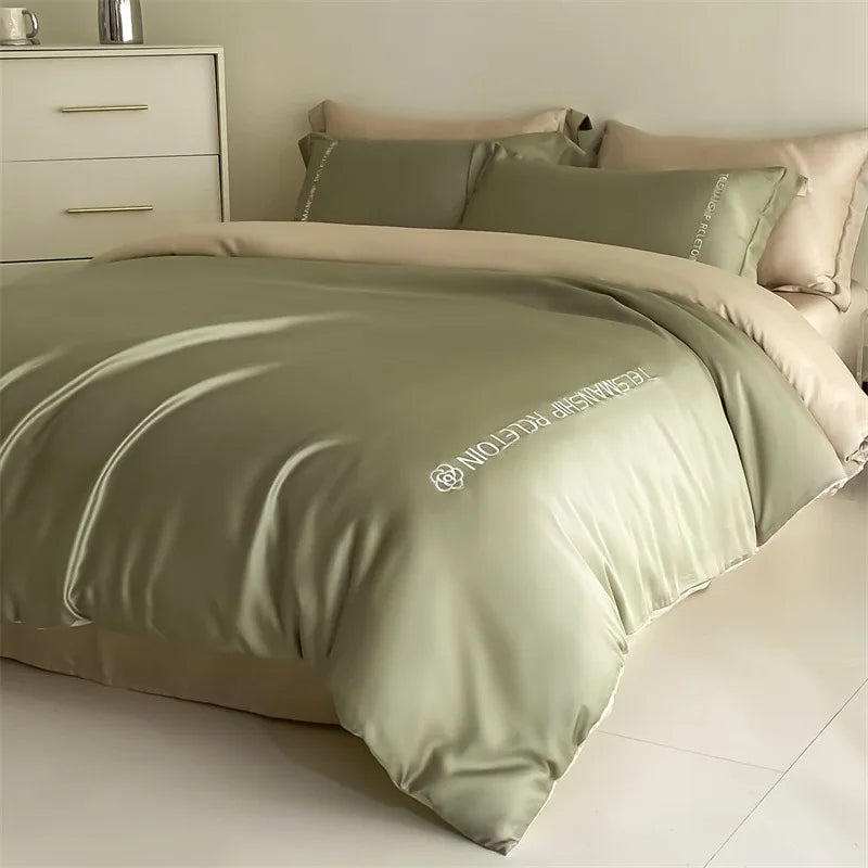 DecorBites™ Cotton Solid Color Bedding Set, Premium Quality Embroidery Quilt Cover, Single Bed.