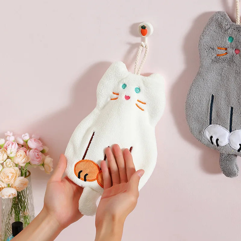 DecorBites™ Coral Plush Cat Microfiber Hand Towel: Cute Quick-Drying Kitchen Bathroom Accessory