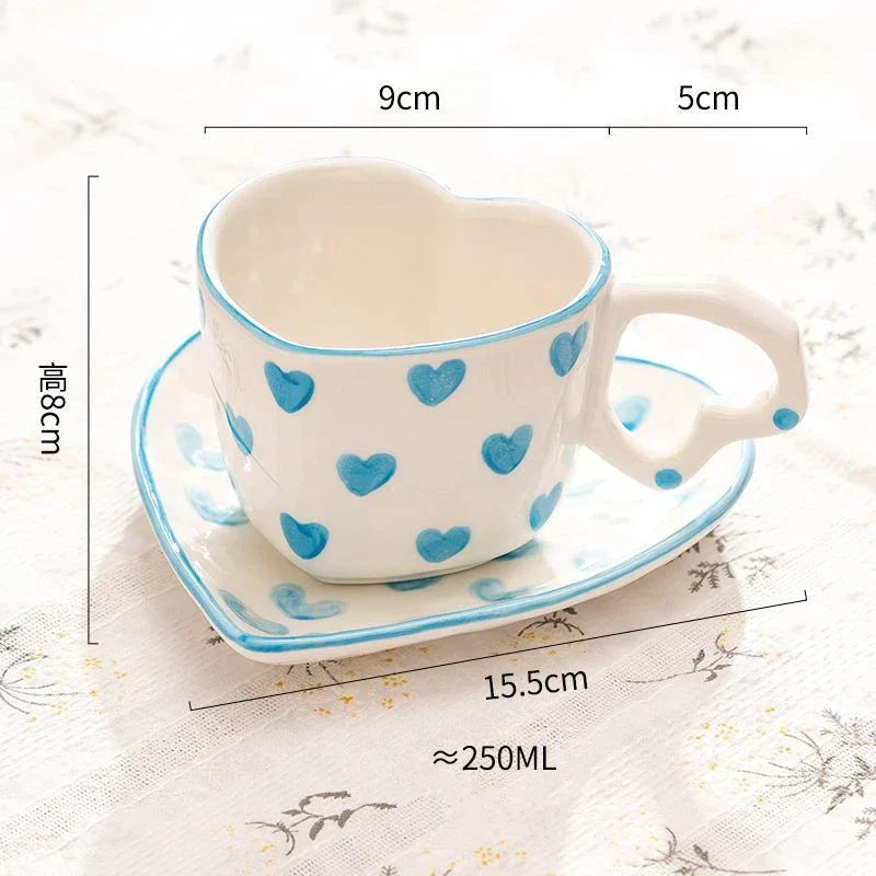 DecorBites™ 250ml Coffee Cup and Saucer Set with Heart Handle Hand-painted Pink Hearts