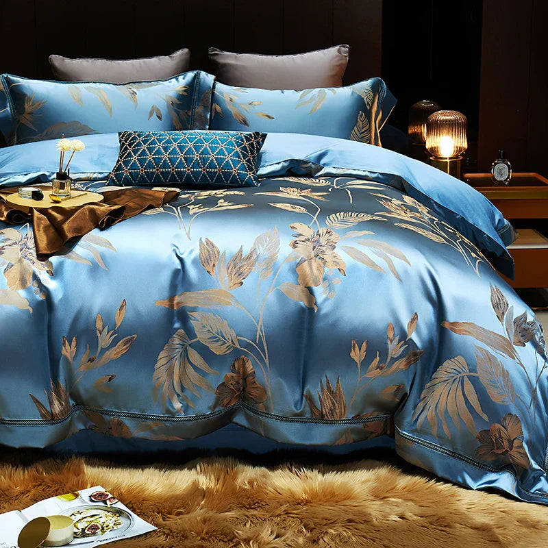 طقم مفروشات DecorBites™ من القطن الجاكار بنقشة أوراق ذهبية مع غطاء لحاف ناعم من القطن المصري
