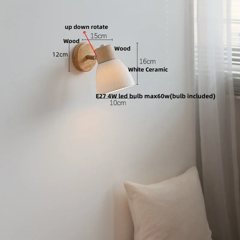 DecorBites™ LED Wall Lights Wood White Ceramic Rotate, Living Room Bedside Lamp