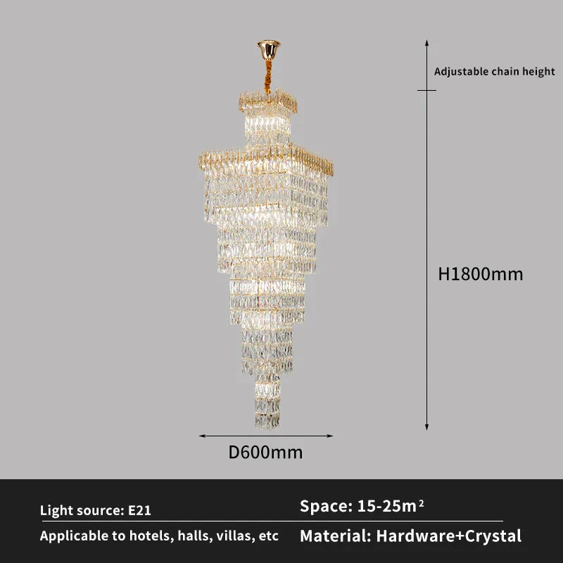 DecorBites™ Crystal Hollow Stair Chandelier for Duplex Villa and Hotel Lobby