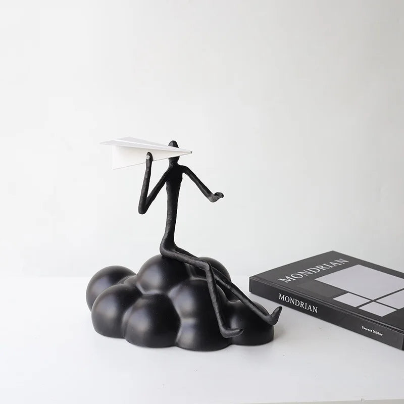 "DecorBites™ Resin Paper Airplane Cloud Figure for Home Decor - Black Cartoon Abstract Figurine"