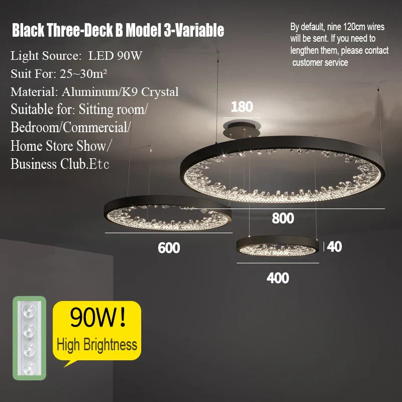 DecorBites™ Crystal Led Chandelier: Modern Luxury K9 Ring Dimmable Circle Hanging Lamp - Bedroom Living Dining Room Lighting