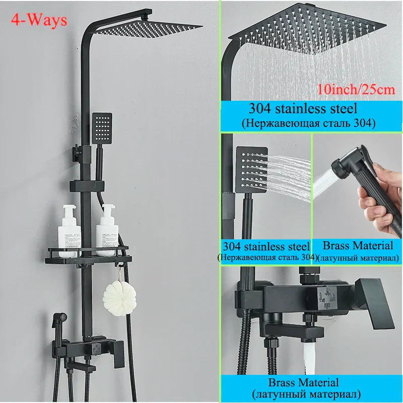 DecorBites™ Black Brass Shower Faucet Set with Rotatable Tub Spout and Rain Shower Column