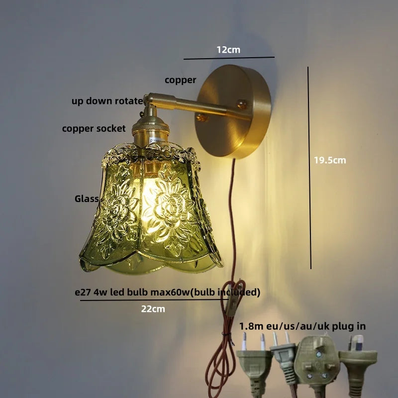 DecorBites™ Amber Flower Glass Wall Light Fixture with Pull Chain Switch