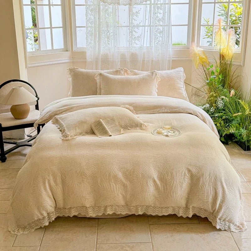 DecorBites™ French Lace Ruffles Bedding Set Queen King Size 4Pcs
