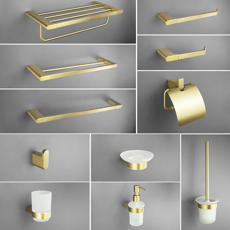 مجموعة إكسسوارات حمام ذهبية من DecorBites™: قضيب تعليق المناشف، حامل ورق المرحاض، رف مناشف، خطاف