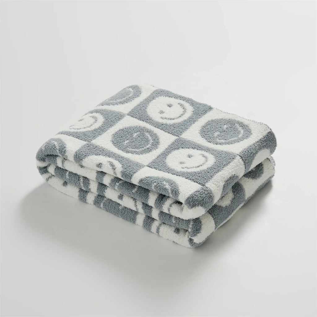 DecorBites™ Knitted Checkboard Smile Face Design Fluffy Blanket - Spring Violet Pink Gray Blanket