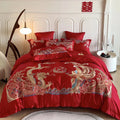 DecorBites™ Gold Loong Phoenix Embroidery Queen Bedding Set, Luxurious Brushed 4Pcs Set