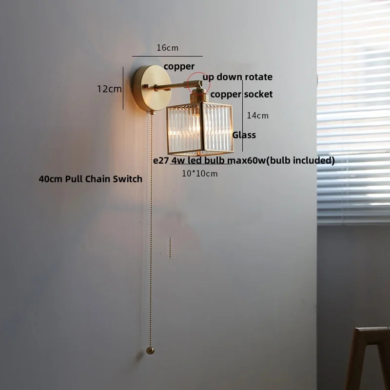 DecorBites™ Clear Glass LED Wall Sconce Pull Chain Switch Modern Bathroom Mirror Light