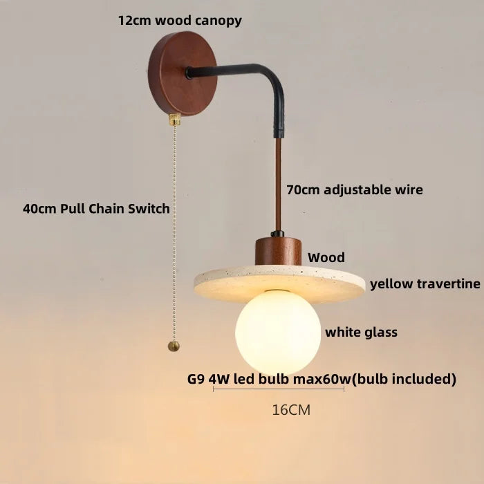DecorBites™ LED White Glass Wall Light Fixture Modern Pull Chain Switch Bedside Sconce