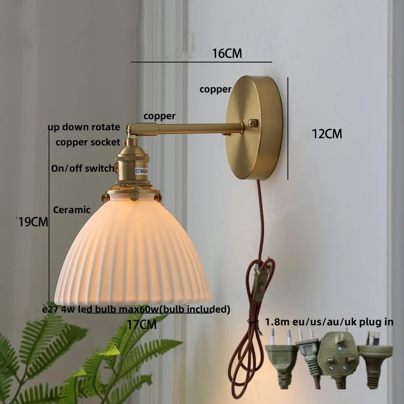 DecorBites™ Copper LED Sconce Wall Lamp Pull Chain Switch Nordic Modern Ceramic Mirror Light